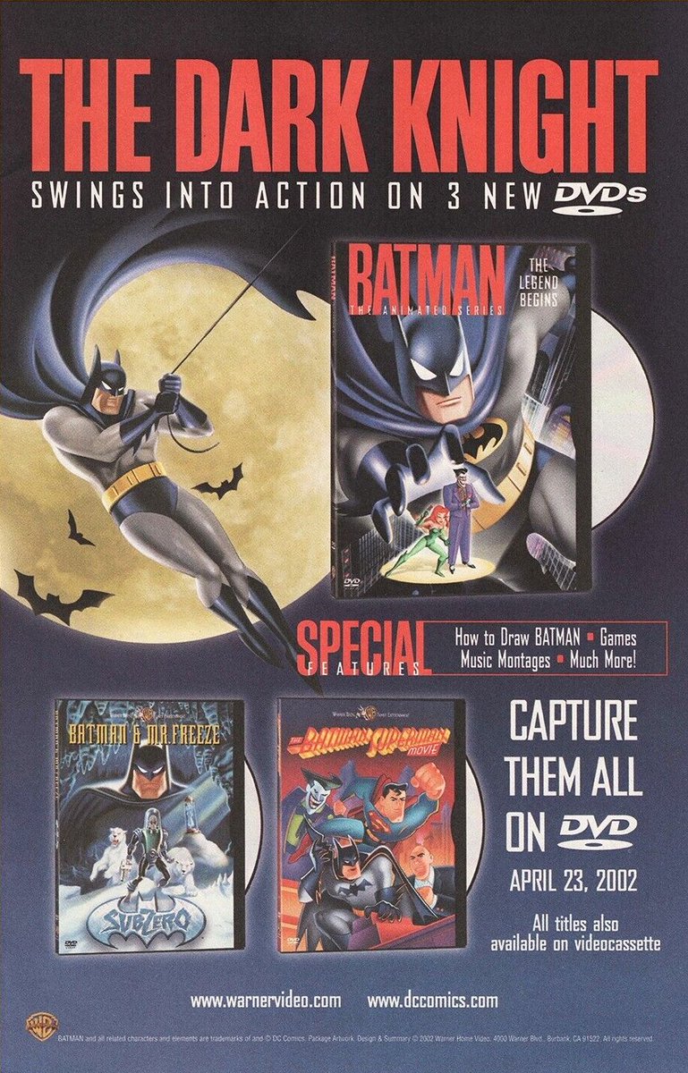 Check out this advert promoting an early wave of DVD titles for Batman: The Animated Series, which were released in April 2002 and included 'Batman & Mr. Freeze: Sub-Zero,' 'The Batman/Superman Movie' and 'Batman: The Animated Series - The Legend Begins!' #BatmanTAS #Batman #DVD
