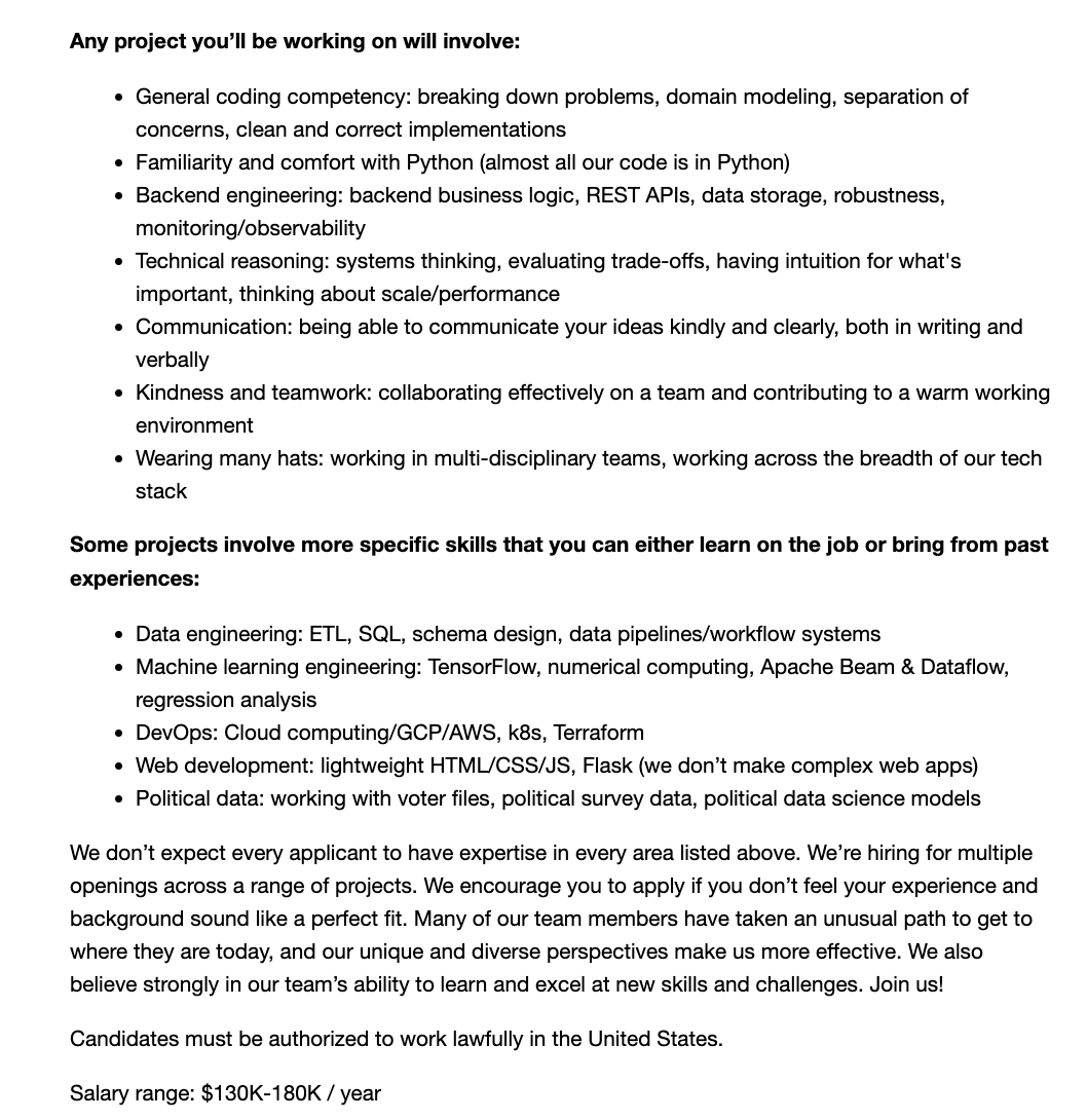 Super excited to announce new openings for SOFTWARE ENGINEERS ahead of the 2024 cycle. This is a great opportunity to work on cutting edge machine learning problems for the biggest groups in the Democratic party!