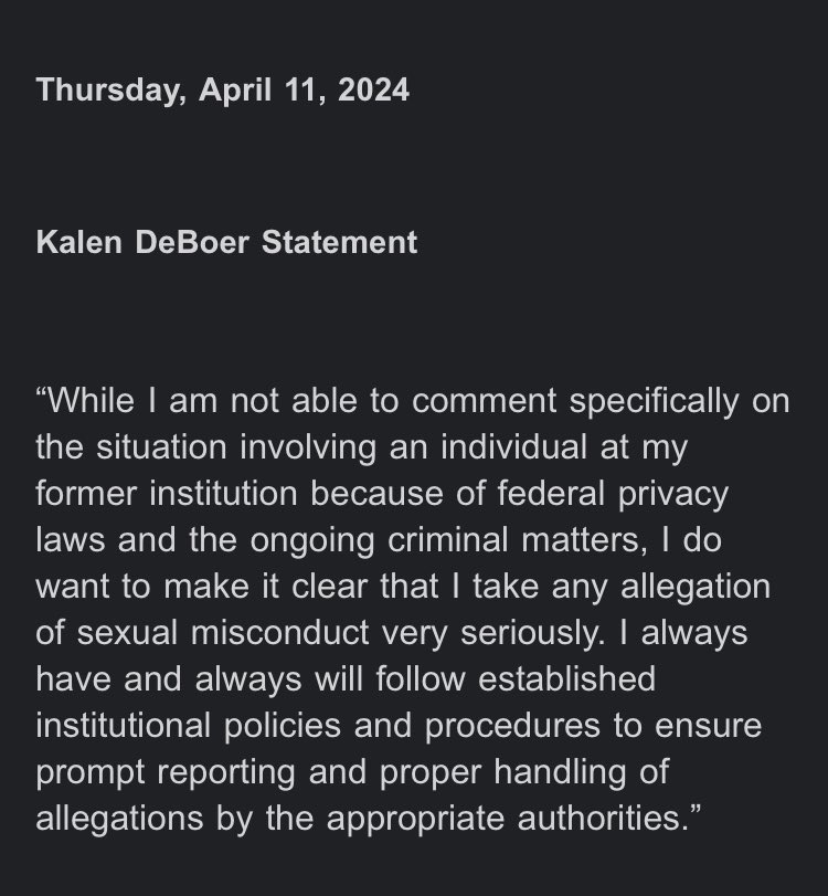 Statement from Kalen DeBoer on the Tybo Rogers arrest: