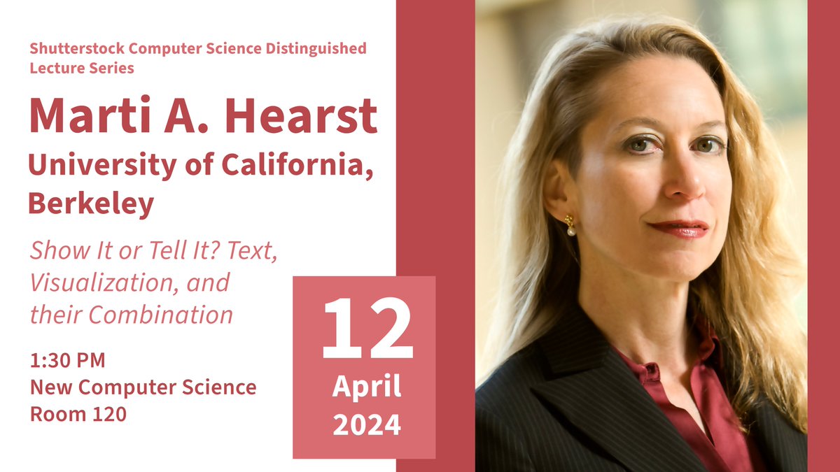 See you tomorrow for the last 2023/24 @Shutterstock Distinguished Lecture @stonybrooku with @Berkeley_EECS @UCBerkeley Prof. Marti A. Hearst