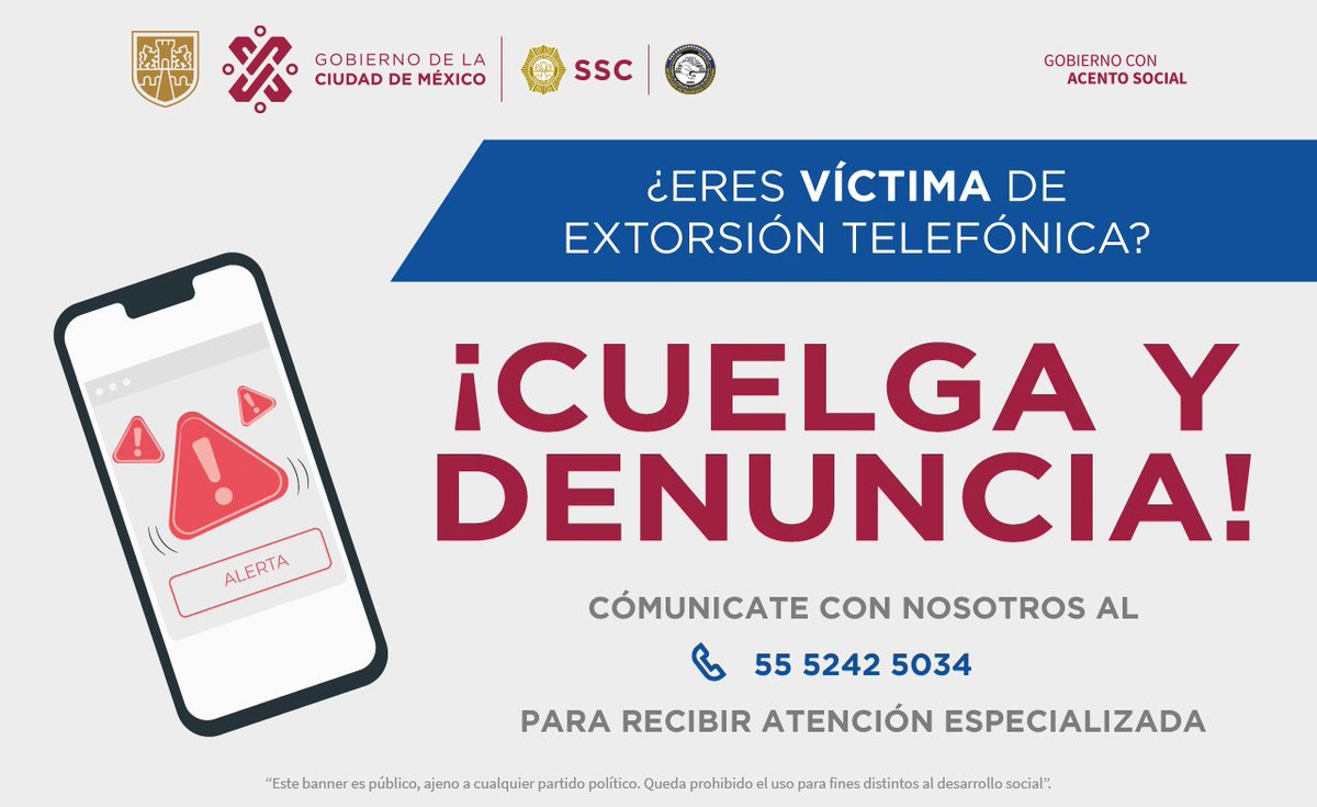 ¡Cuidado! Evita caer en una #ExtorsiónTelefónica, al presentar una situación de este tipo, cuelga y realiza tu reporte en la Dirección General de Atención a Casos de Secuestro y Extorsión de la #SSC. ☎️ Llama al: 55 5242 5034 Recibe atención las 24 horas, todos los días. 👮🏻‍♂️👮🏻‍♀️