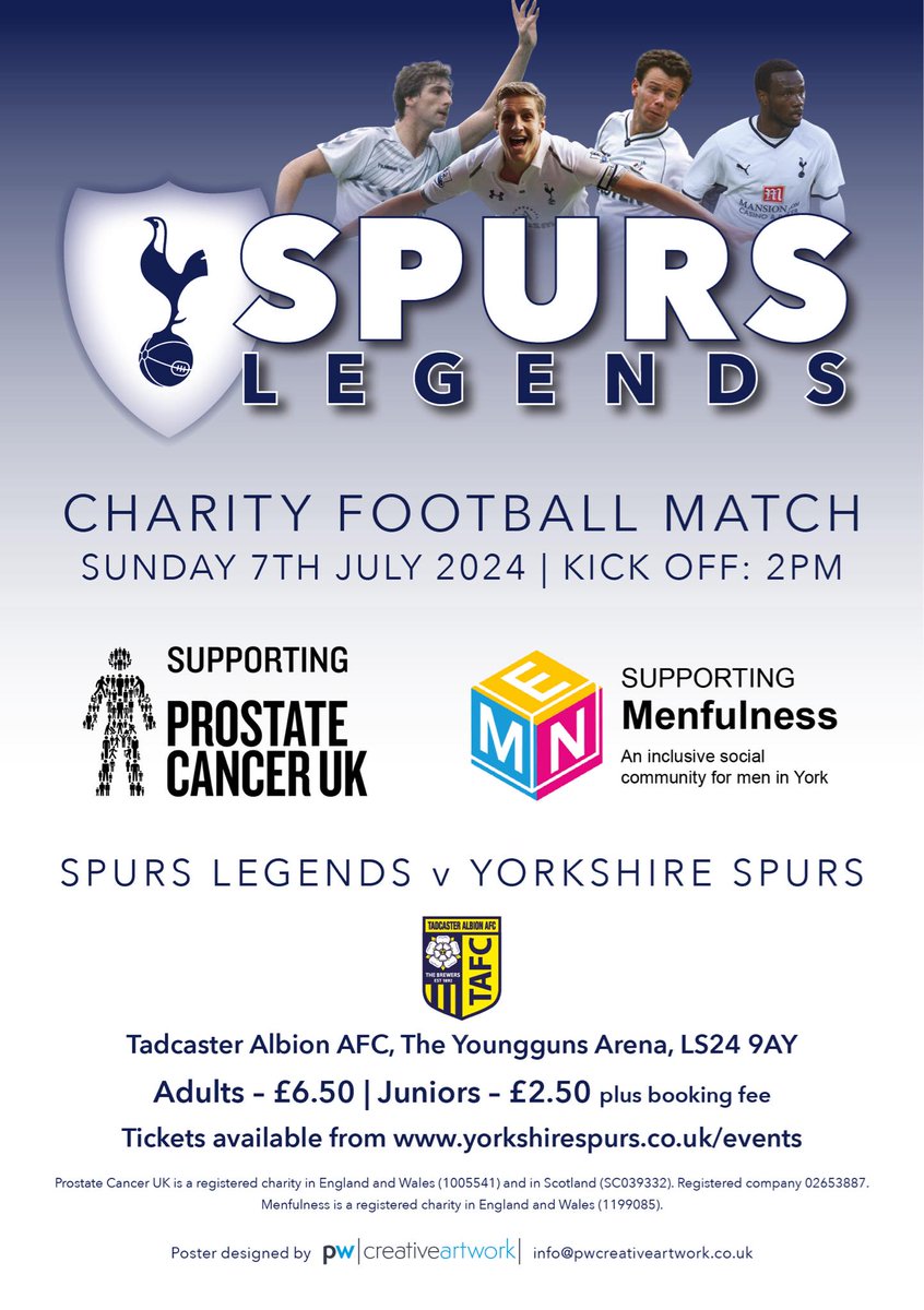 We will go head-to-head against the @LegendsSpurs team with all profits being split between @ProstateUK and @YMenfulness 7th July 2024 - 2pm KO at @TadcasterAlbion, @YoungGuns_FC Arena, LS24 9AY Tickets 👇🏻 yorkshirespurs.co.uk/events