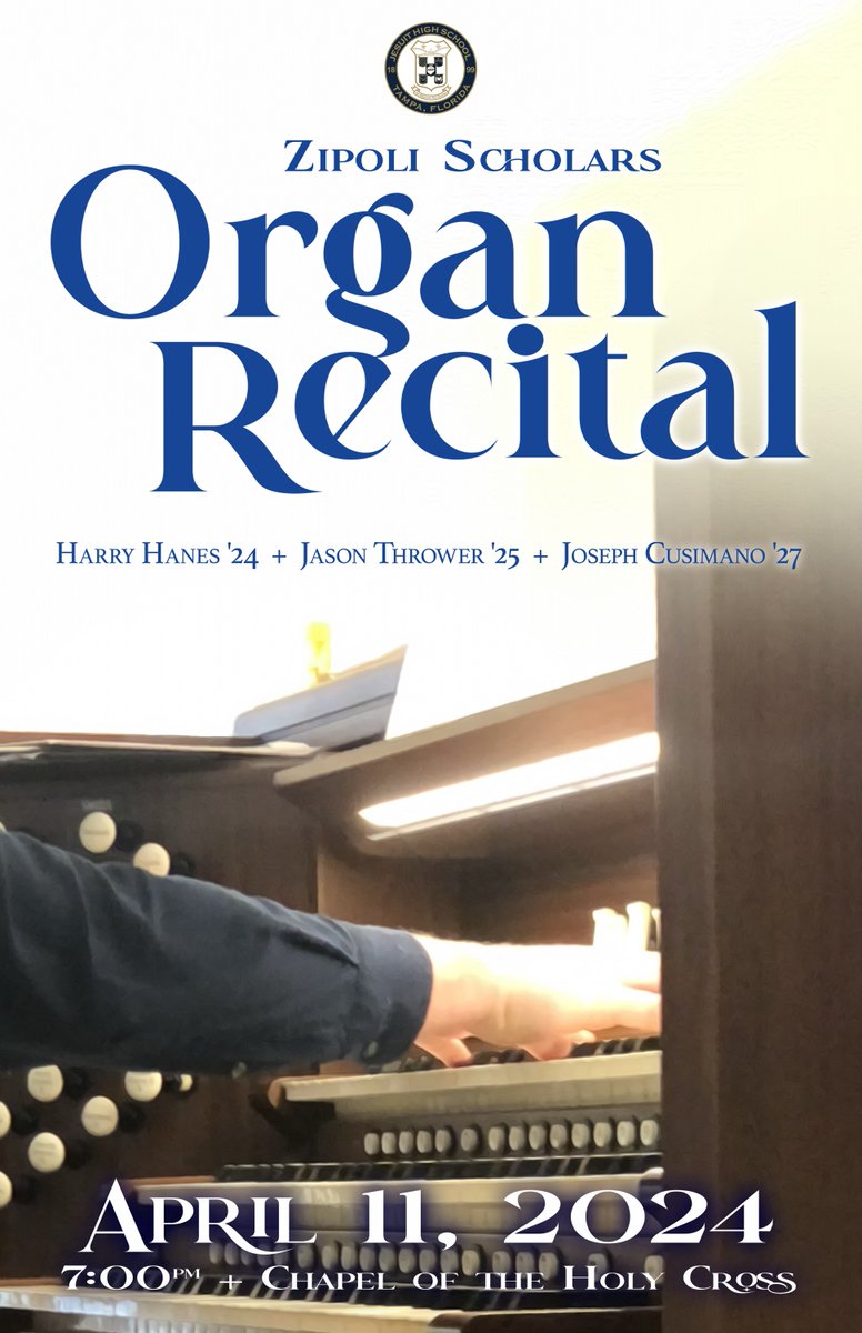 *Tonight* at 7:00 in the Chapel of the Holy Cross, Jesuit's spring music showcases continue with the Zipoli Scholars Organ Recital! Harry Hanes '24, Jason Thrower '25, and Joseph Cusimano '27 will share their prodigious talent on the organ - we'll see you there! #AMDG