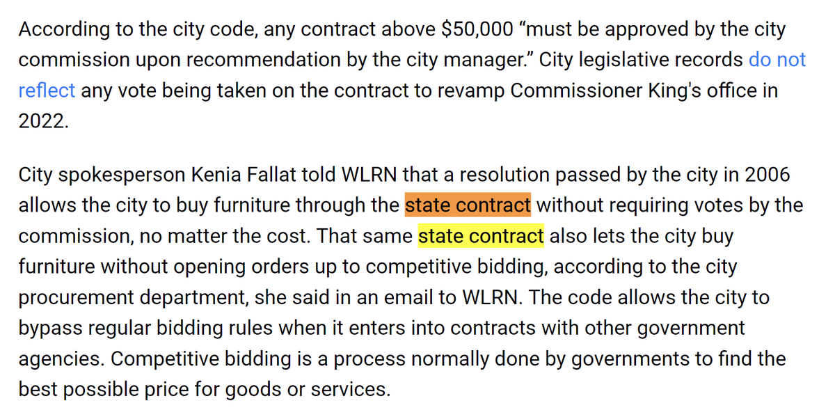 City Manager Art Noriega said that it was 'never reported' that the furniture purchases were approved under a state contract, which the city was allowed to use by way of a 2006 resolution. But that was in our original story. Find it here: wlrn.org/wlrn-investiga…