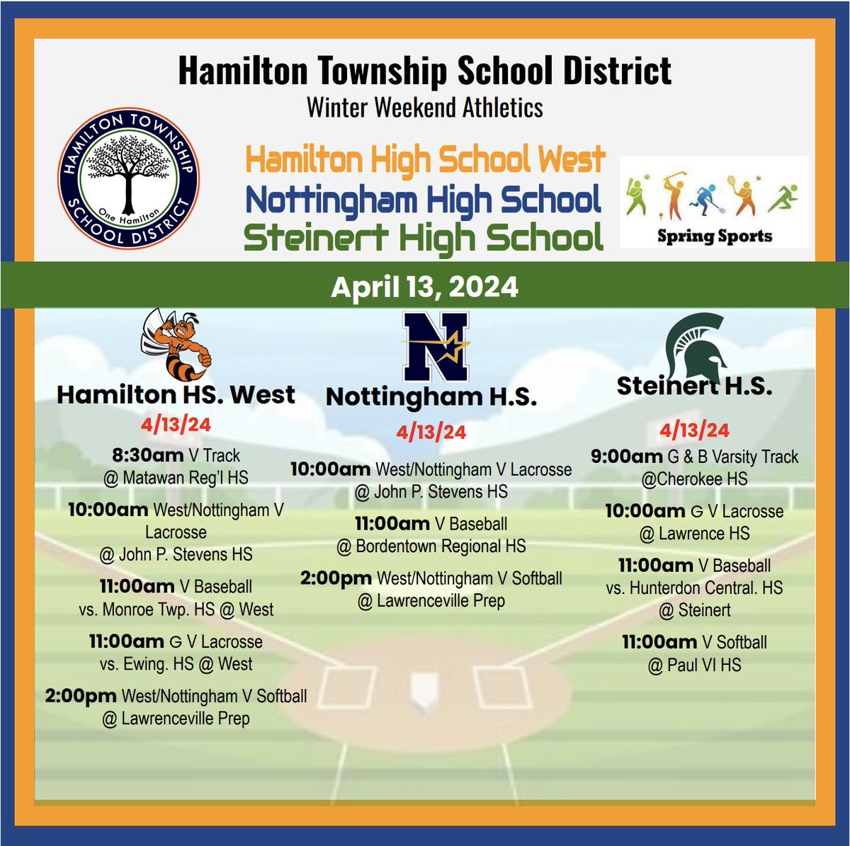 📣 Weekend Sports @ HTSD Saturday, April 13, 2024 Good luck, coaches and athletes! 🏃🏻‍♀️ ⚾️ 🎾 #HTSD #HTSDpride @ScottRRocco @HTSDSecondary @LauraGeltch @HTSD_Nottingham @HTSD_West @SpartanSentinel @SHSSportsBC @HHW_Athletics @StarAthleticsAD