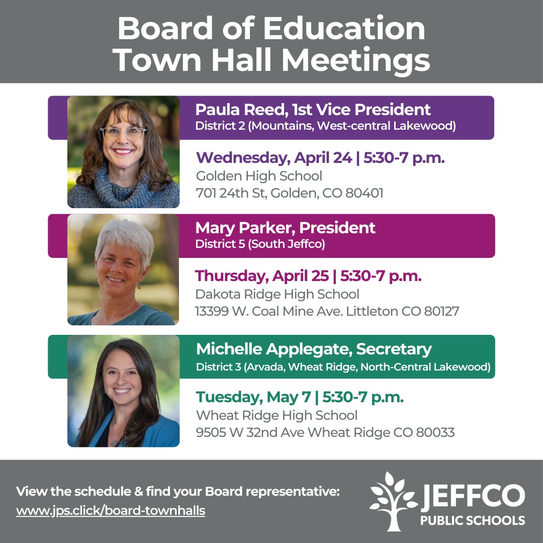 You're invited to join Jeffco Board of Education representatives for 90-minute town hall meetings to get to know your area representative, learn about the Board’s goals & understand their roles in districtwide initiatives! Find your rep & more info at jps.click/board-townhalls.