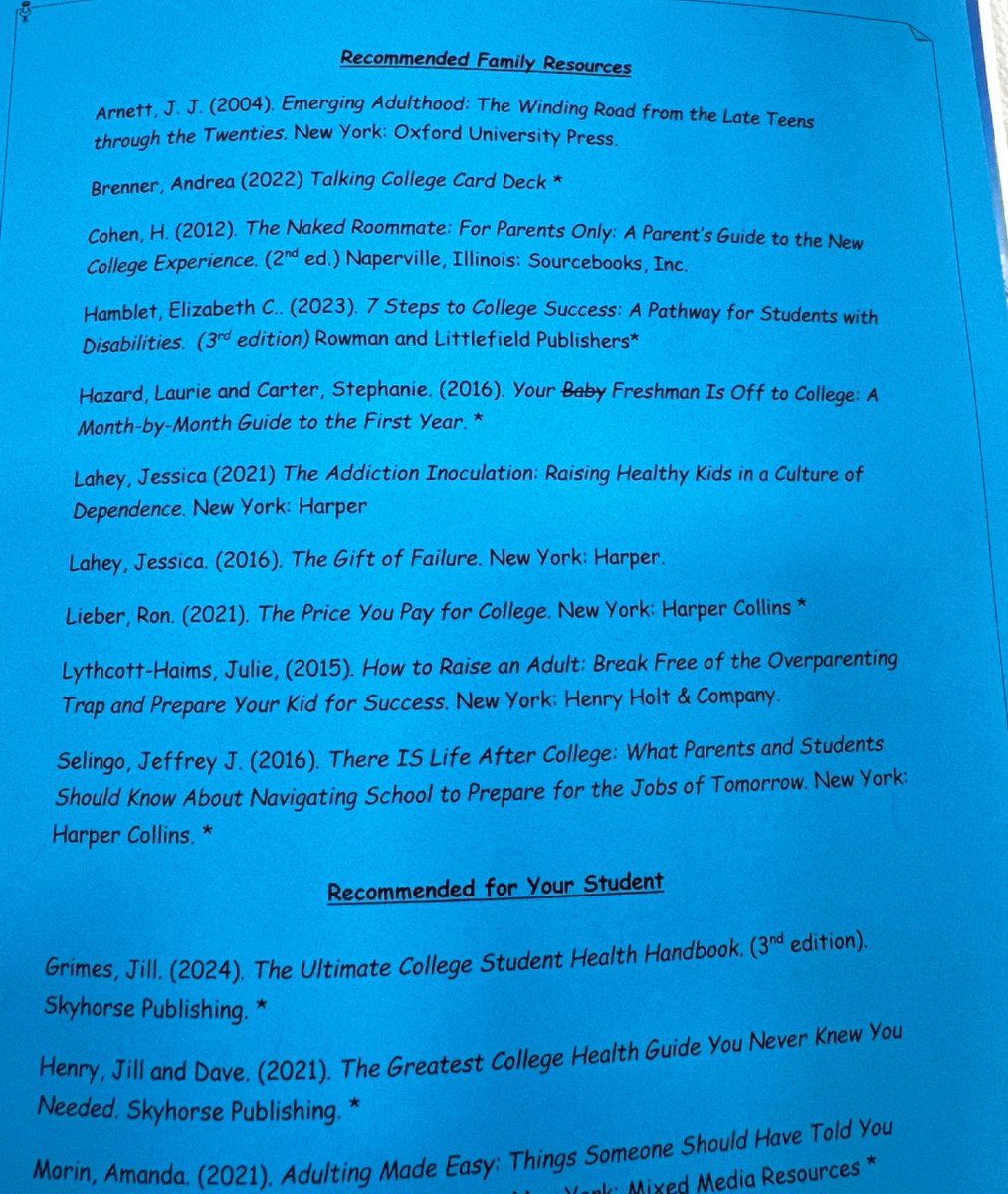 Delighted to be in such good company in this list of recommended books that a friend received from Vicky Nelson, host of @CollParCentral, at accepted student day @CurryEdu.  Shout-out to @harlancohen @jesslahey, @ronlieber @jlythcotthaims  @jselingo  @JillGrimesMD & @AmandaMorin