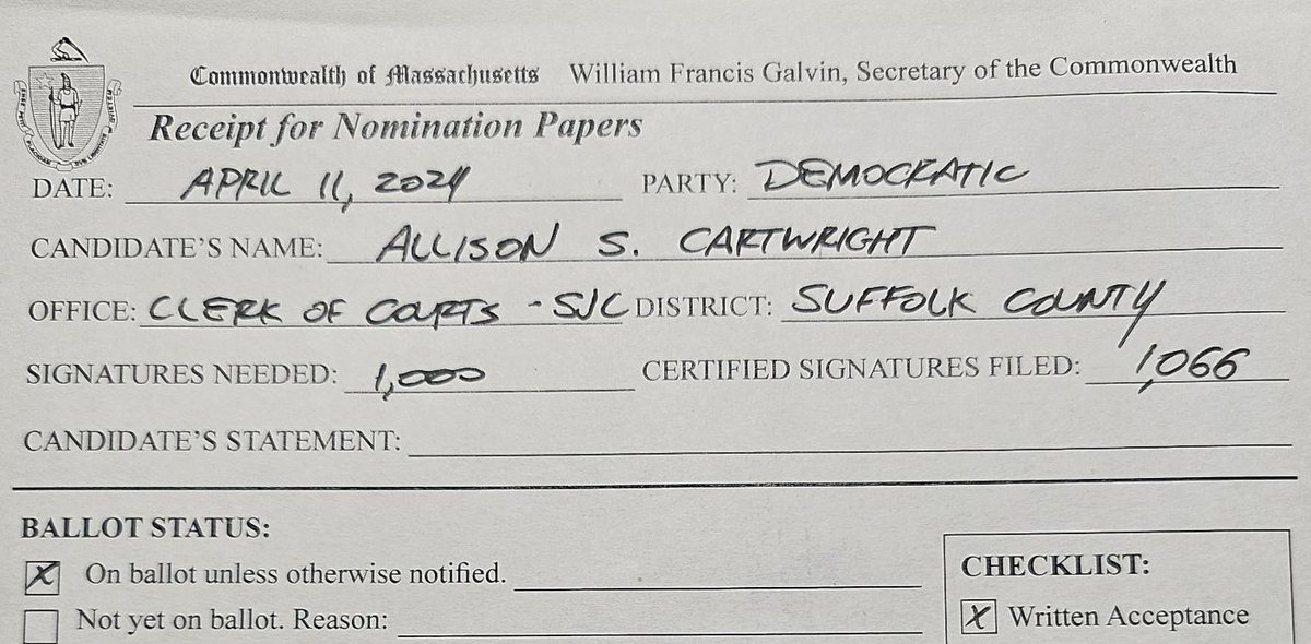 It is official - Allison is the FIRST candidate on the ballot for Supreme Judicial Court Clerk!🎉 We are so grateful to everyone who volunteered to collect signatures, and to those who signed. #cartwrightforclerk #mapoli #bospoli