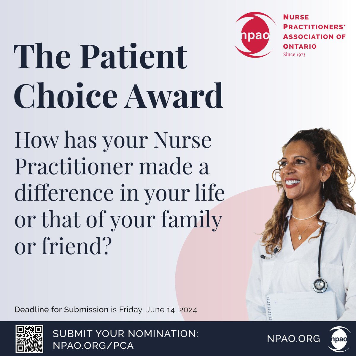 Now’s your chance to nominate a Nurse Practitioner for the Patient Choice Award! How has your Nurse Practitioner made a difference in your life or that of your family or friend? Submit your nomination: npao.org/pca