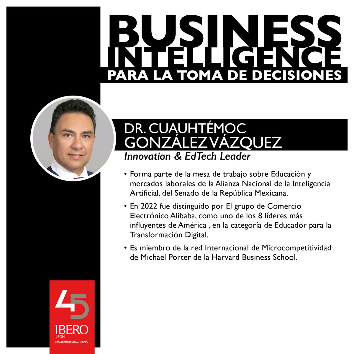 Si estás pensando estudiar una maestría en el área de negocios, ¡te esperamos en la conferencia Bussiness Intelligence impartida por Cuauhtémoc González! Próximo jueves 25 de abril a las 19:00 p.m en el Auditorio Francisco Xavier. Regístrate AQUÍ: bit.ly/BI-DCEA24