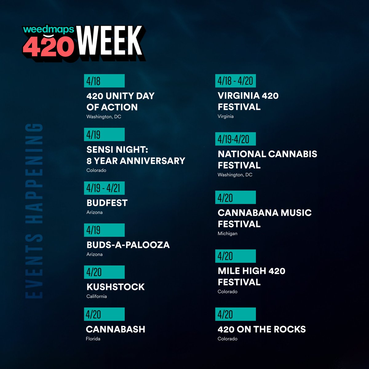 420 is next week 💨 where will you be celebrating? Find more events to visit: weedmaps.com/learn/cannabis…