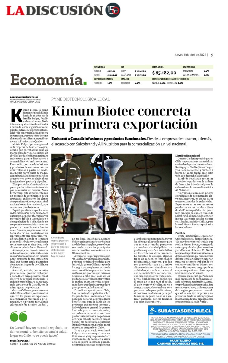 [PRENSA]🗞

🔴 La edición de hoy <a href="/ladiscusioncl/">La Discusión</a> destaca a <a href="/KimunBiotec/">Kimun Biotec - Biotecnología, innovación y ciencia</a> y su primera exportación a Canadá, donde el Director Regional, comentó sobre el interesantel trabajo que realiza la empresa y el significado para la región.

▶️ La nota completa en:
papel.ladiscusion.cl/papeldigital/2…