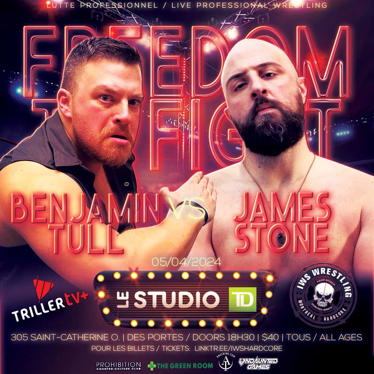 GRUDGE MATCH: James Stone vs Benjamin Tull IWS FREEDOM TO FIGHT 5/4/24 - 40$ - Tous ages/All ages 🎟️: linktr.ee/iwshardcore Billets disponible maintenant! Tickets on sale now! Or watch live/Ecoute en direct: Triller+!