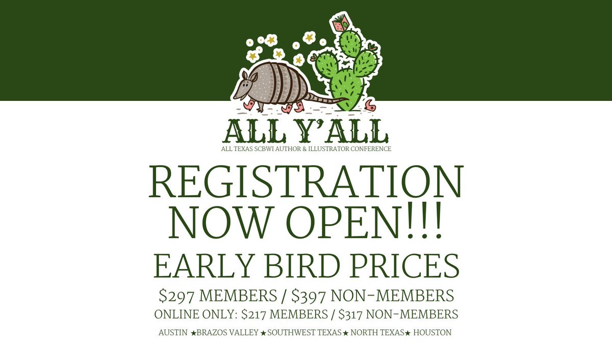 Don't miss your chance... Early bird registration for the All Y'all Texas Writers and Illustrators Conference ends tonight! Join us online or in person. scbwi.org/events/texas-w… #txscbwiconf
