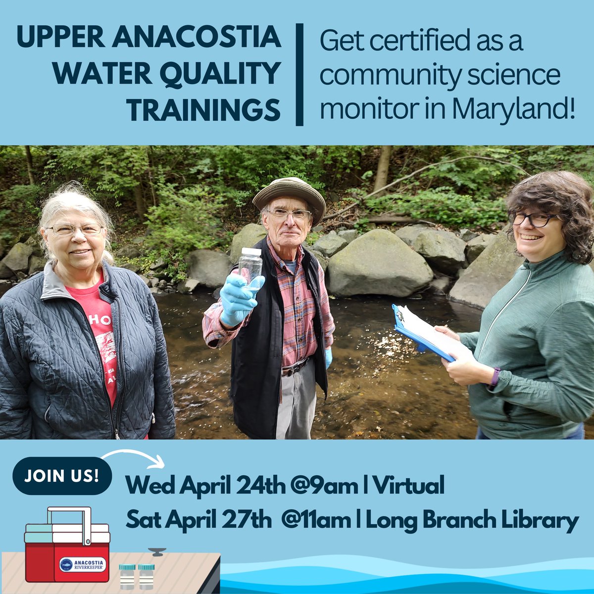 Hey Maryland! Interested in volunteering as a community science monitor at a stream near you? We’re hosting two upcoming training sessions — April 24th virtually and April 27th at Long Branch Library. No experience necessary! Sign up: anacostiariverkeeper.org/programs/water…