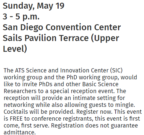 Join us for the Reception for PhDs & Other Basic Science Researchers!🎉 The ATS SIC WG & the PhD WG invite PhDs & other basic science researchers to this event! 📆Sun, May 1⃣9⃣ 🕒3-5 p.m. PT 💨Don't wait! Space is limited. 🔗Register for Reception: shorturl.at/bqLV4