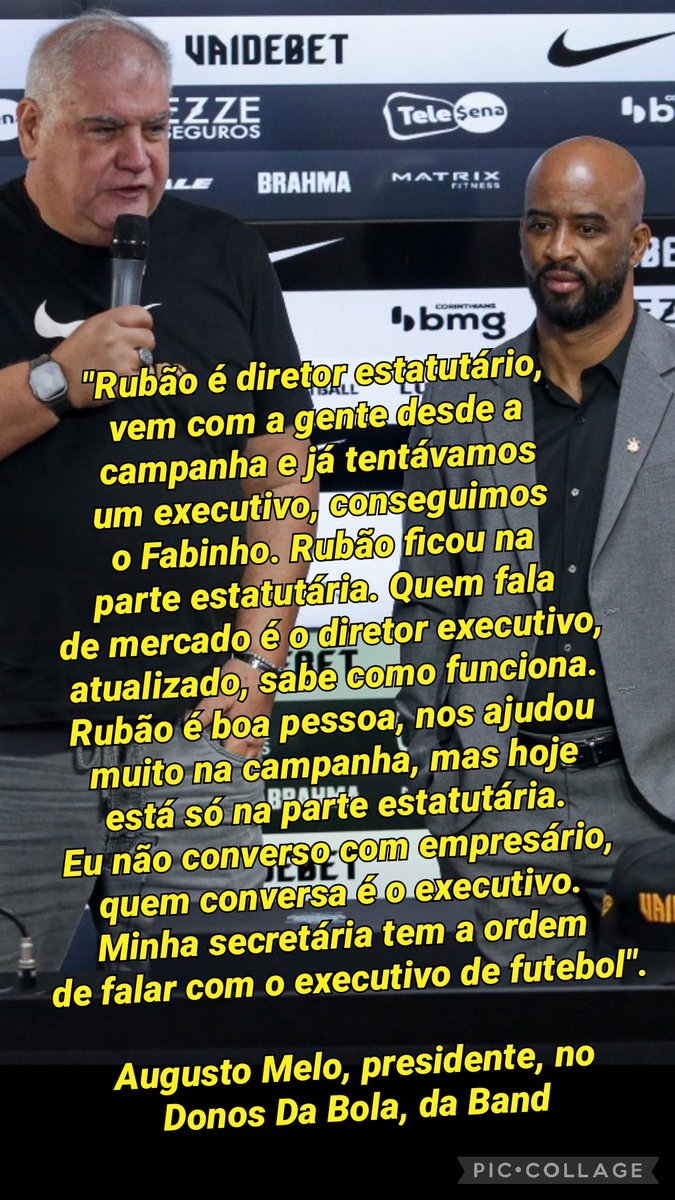 Augusto Melo, presidente do Corinthians, deixou claro as atuais funções de Rubens Gomes (diretor estatutário) e Fabinho Soldado (executivo de futebol) dentro do departamento de futebol profissional masculino do SCCP. #Corinthians