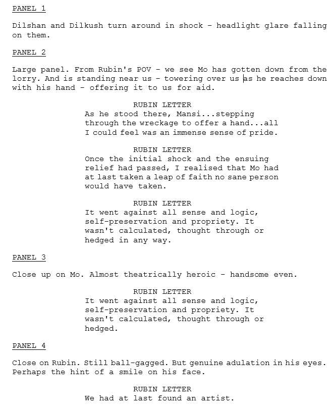 Lots of scripting conversations I write full-script. One thing I don't see mentioned. When you've been working with an artist for years, long descriptions aren't needed. They get it. It's how collaborations work. Eventually, you're just jamming. <3 Laila #1 v Rare Flavours #4