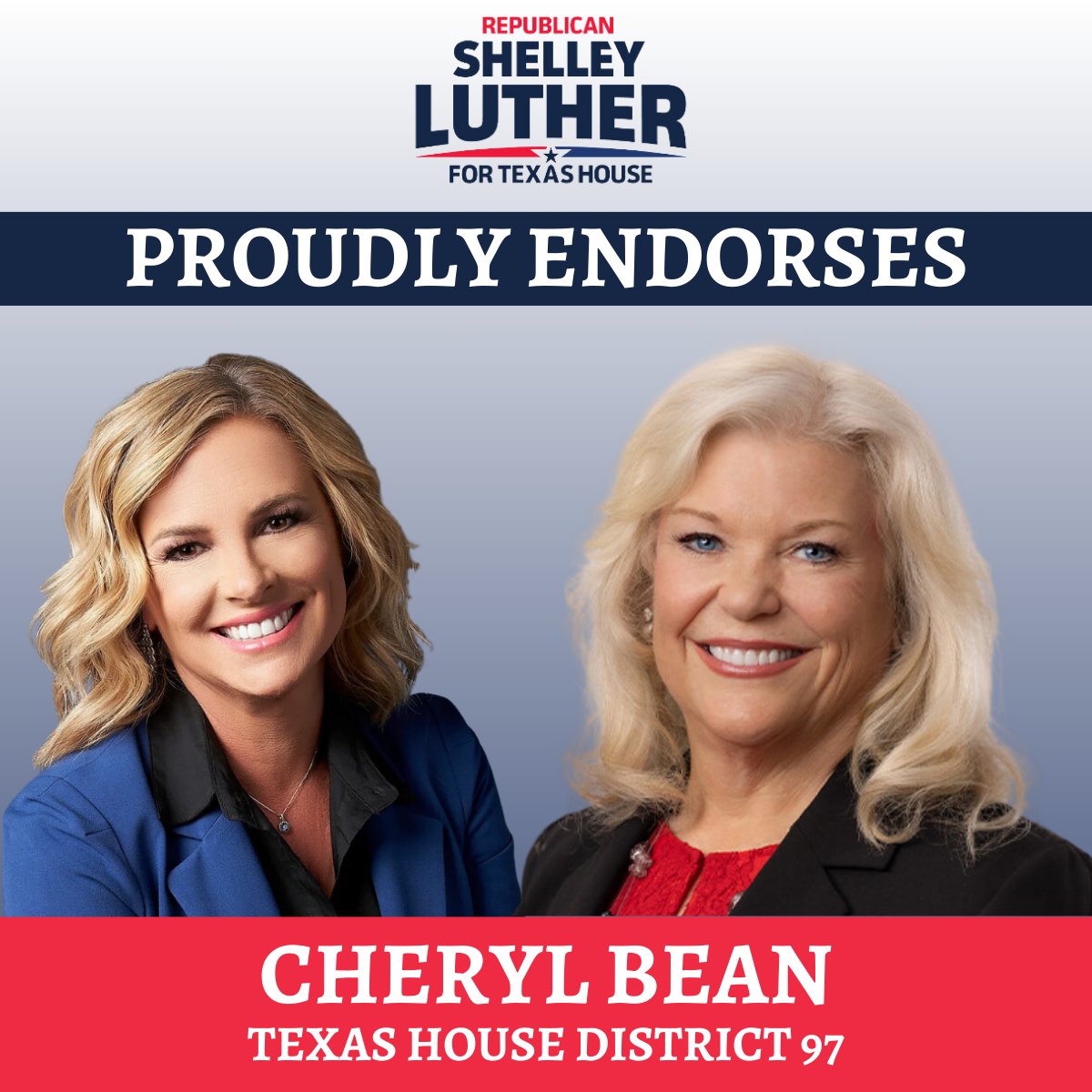 I'm excited to endorse a GREAT Conservative Republican, @cherylbeantx! She is exactly who we need in the Texas House, and I will be honored to work together with her to pass Republican priorities. #MakeTheTexasHouseRepublicanAgain #txlege