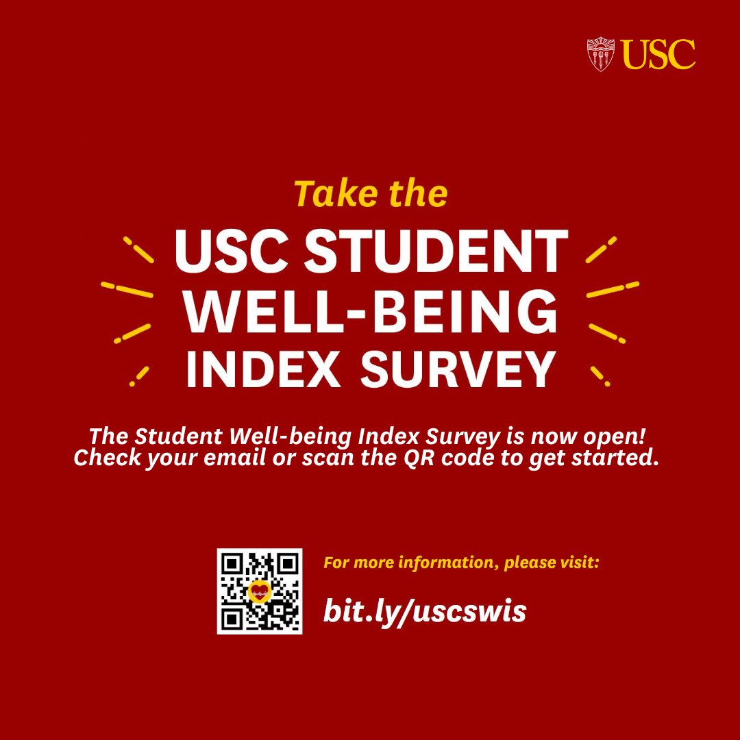 Students, help the voice of social work be heard -- take the USC student well-being index survey. Data from the survey is used to help encourage a healthy, safe and nondiscriminatory environment at USC. Check your usc.edu email inbox for your unique survey link.