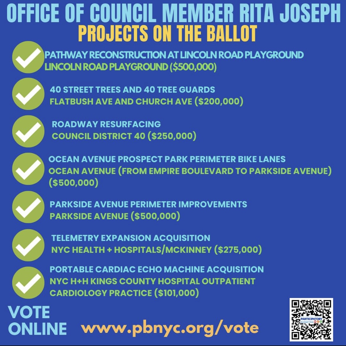 Participatory Budgeting voting week is happening now through Sunday, April 14, in which residents throughout District 39 + District 40 cast ballots + vote for projects proposed by your neighbors that will improve our community + Prospect Park! More: pbnyc.org/vote