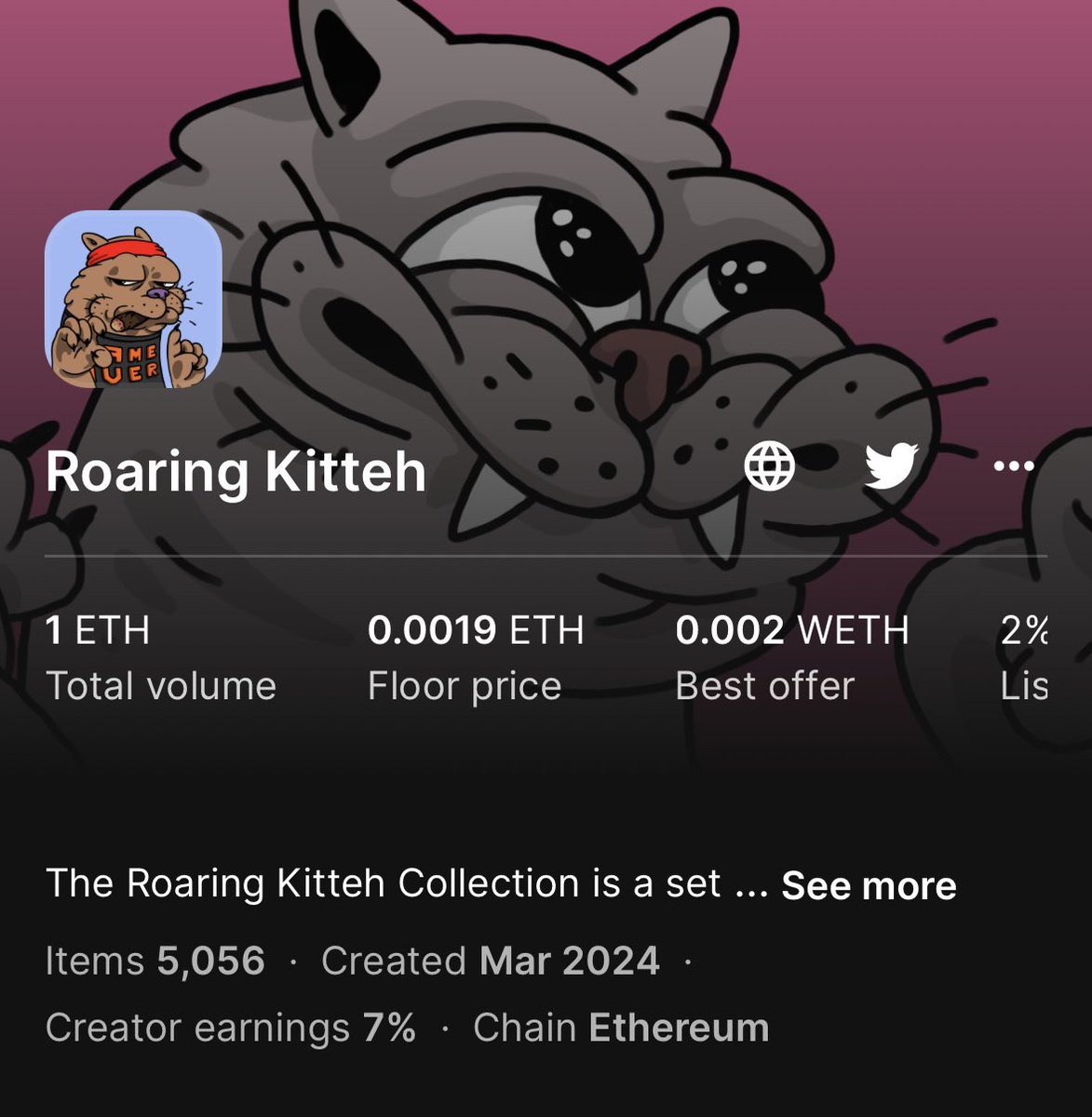 usdhedge's tweet image. 1Ξ volume milestone 

Congrats @Kittehwtf fam 🔥

#Kitteh #NFT $ROAR $HOOD