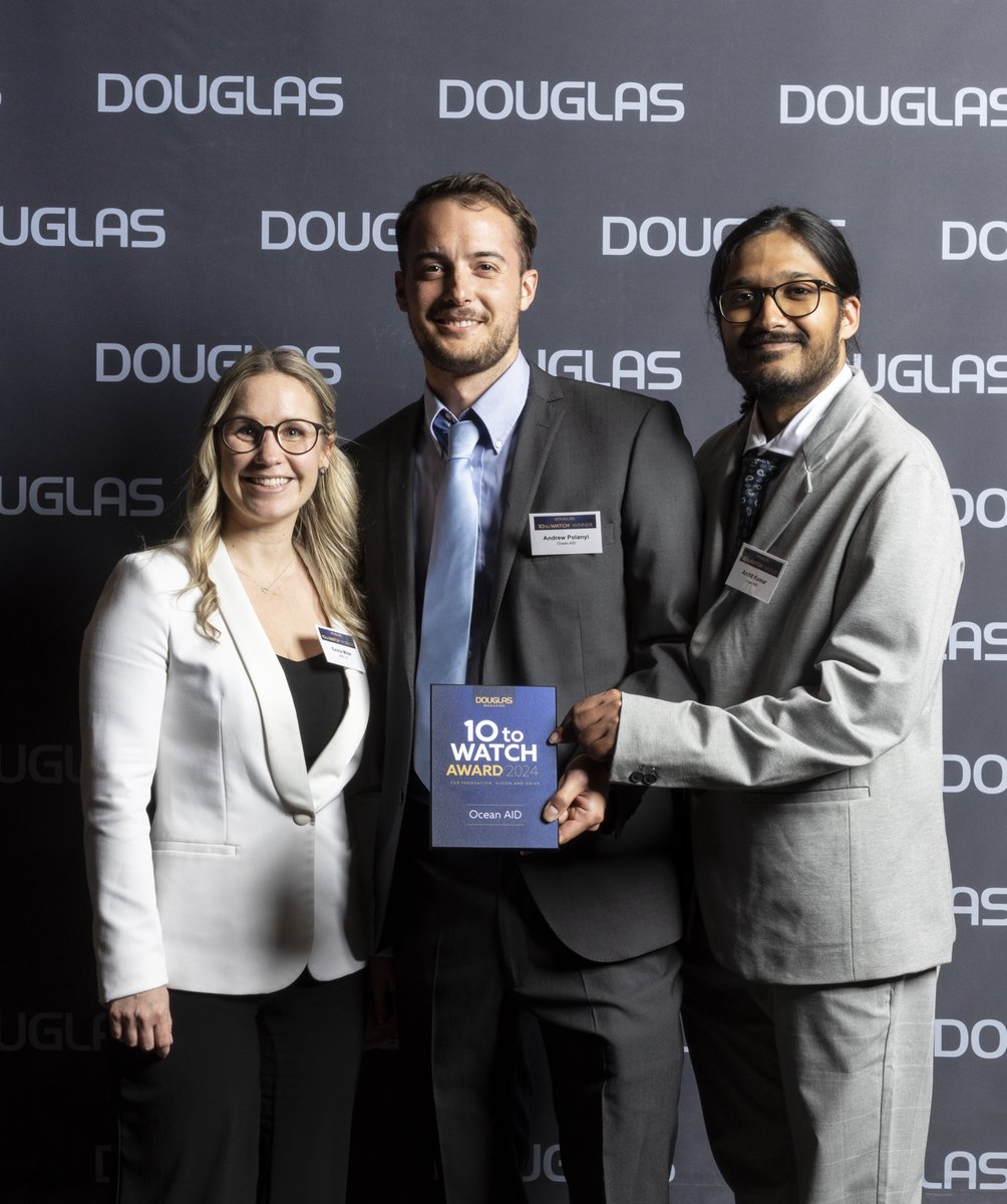 Ocean AID is a 2024 Douglas 10 to Watch winner! Pairing sonar technology with artificial intelligence in real time. They use proprietary software to make ocean cleanup faster and cheaper: loom.ly/Fz5ZS-U 📷: Principals of Ocean AID with Sponsor Emma Miller of MNP LLP