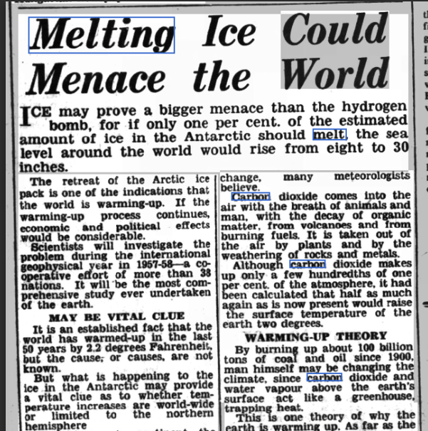 On this day 69 years ago (2 yrs after Gilbert Plass warned the world) the Coventry Evening Telegraph runs an article titled 'Melting Ice Could Menace the World.... 'by burning about 100 billion tonnes of coal since 1900....' #ClimateEmergency 1/3 allouryesterdays.info/2024/04/11/apr…