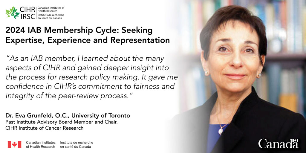 🔬 🤝 Join a CIHR Institute Advisory Board, gain valuable insight, and make meaningful change, just like Dr. Eva Grunfeld! Learn more and apply today: cihr-irsc.gc.ca/e/18156.html