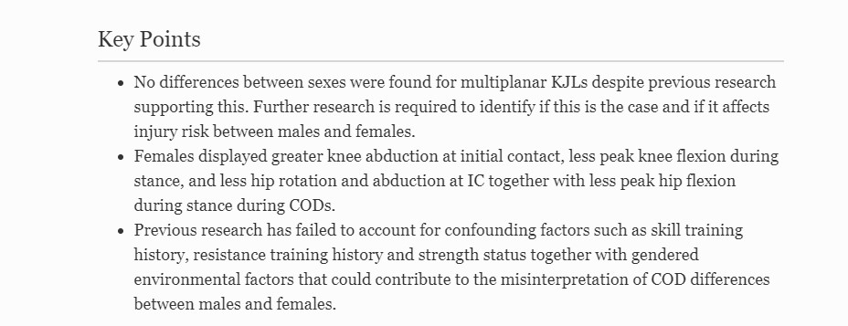 No differences in knee loads between males and females in change of direction tasks despite females generating greater abduction and extension knee angles. See our open access article here: sportsmedicine-open.springeropen.com/articles/10.11… @SportsMedicineJ #ACL @SpExSci_CCCU @TomDosSantos91 @EdwardsJ361