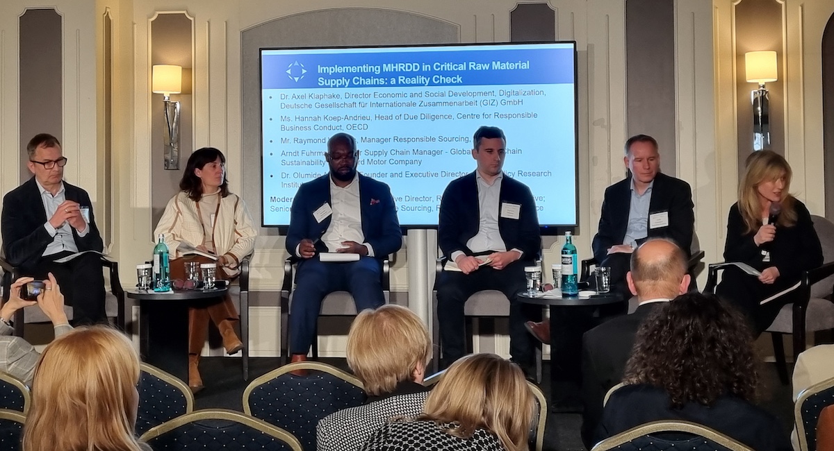 Insightful panel discussion today on implementing #MHRDD in critical raw material #SupplyChains. Thank you, Dr. Axel Klaphake @giz_gmbh; Hannah Koep-Andrieu @OECD; Raymond Williams @UmicoreGroup; Arndt Fuhrmann @Ford; & Dr. Olumide Abimbola @APRI_Africa. #RBABMZGIZConf @BMZ_Bund