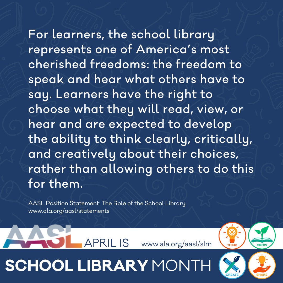 On this #TakeActionForLibraries Day, be sure to check your state school library association’s website to find calls to action to protect the right to read. Find a list of state organizations affiliated with AASL at: ala.org/aasl/about/cha… #AASLslm