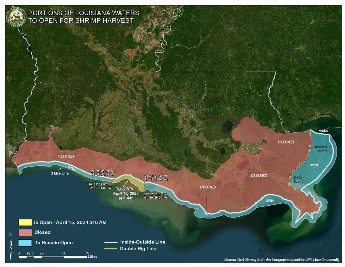 🦐 Attention Louisiana shrimpers! 🦐 On April 15, 2024, the shrimping season will reopen in the area between Mound Point on Marsh Island and Freshwater Bayou Canal at 6 a.m. Check out the map for details. Full details: buff.ly/4au5bAt