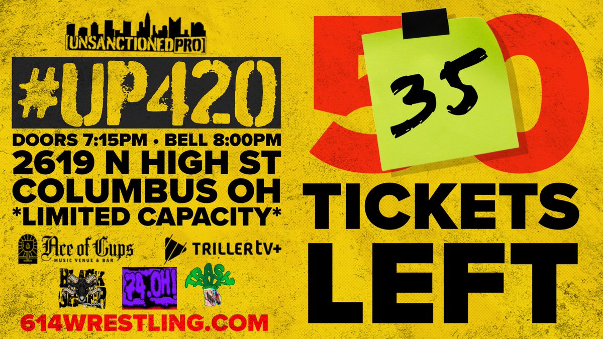 ⚠️LAST CHANCE!?⚠️ Let’s keep the ball rolling and hit a sell out before Monday! We’ve got mystery raffles, unannounced matches, and more up our sleeves for #UP420 Be there, or be… somewhere else? 🎟️ 614WRESTLING.COM