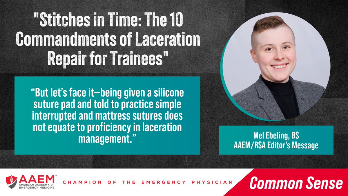 AAEM/RSA Common Sense editor, Mel Ebeling, has put together several helpful tips and important considerations to help you independently manage lacerations in the ED in their latest article. Continue Reading: bit.ly/3vJHbKn #EmergencyMedicine #EMBound #MedTwitter