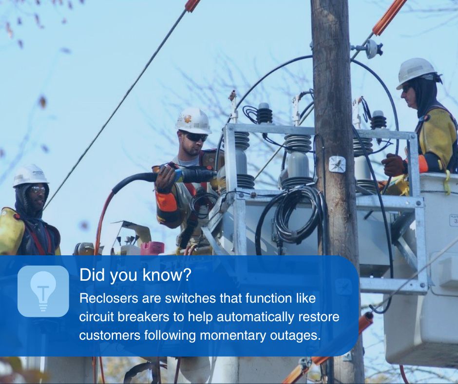 ❔ DYK: To help keep power safely flowing to customers, we install automated reclosing devices on power lines across our service territory. Like circuit breakers in your home, these devices help automatically re-energize power lines within seconds when there is a temporary issue.