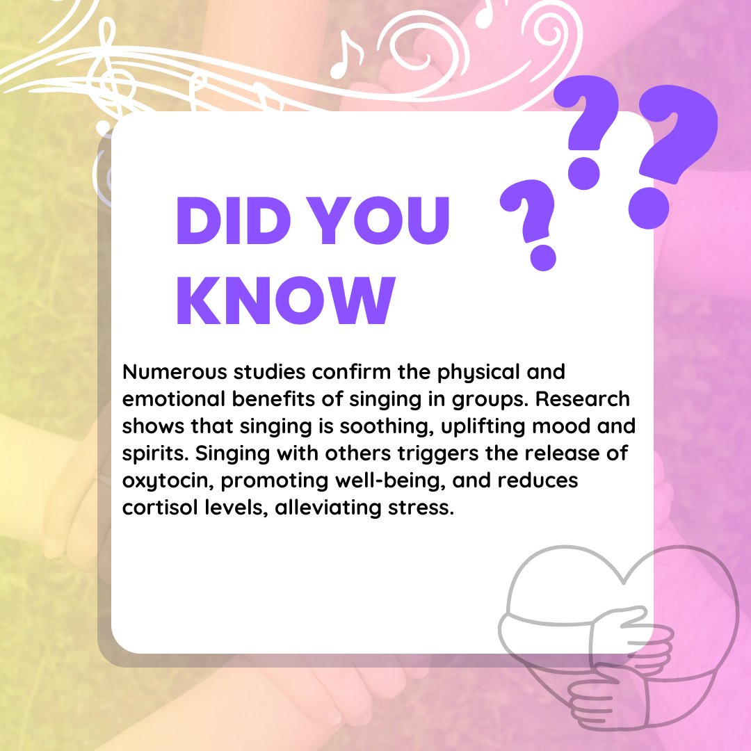 Discover the magic of group singing! 🎶✨ Studies reveal the powerful physical and emotional benefits: from boosting mood to reducing stress. Let's harmonize together and unleash those feel-good vibes! #GroupSinging #WellnessWednesday