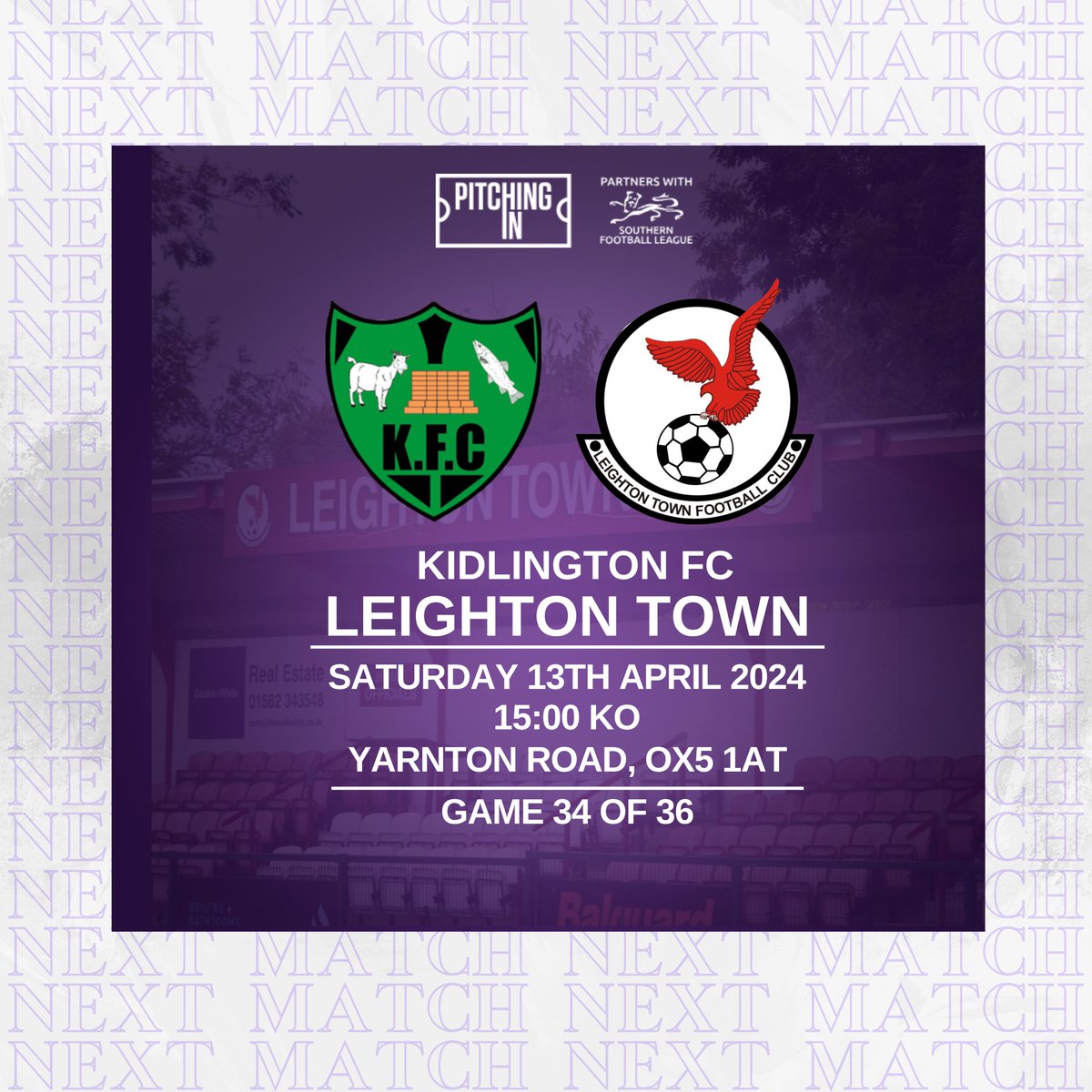 𝐍𝐄𝐗𝐓 𝐌𝐀𝐓𝐂𝐇 🔜 This Saturday we travel to Oxfordshire to face: 🆚@kidlingtonfc_ 📆Sat 13th Apr ⏰15:00 KO 🎟️Adults £10, Concs £5, U16’s £1 📍Yarnton Road, OX5 1AT 🍔Open 🍺Open #YourTownYourTeam