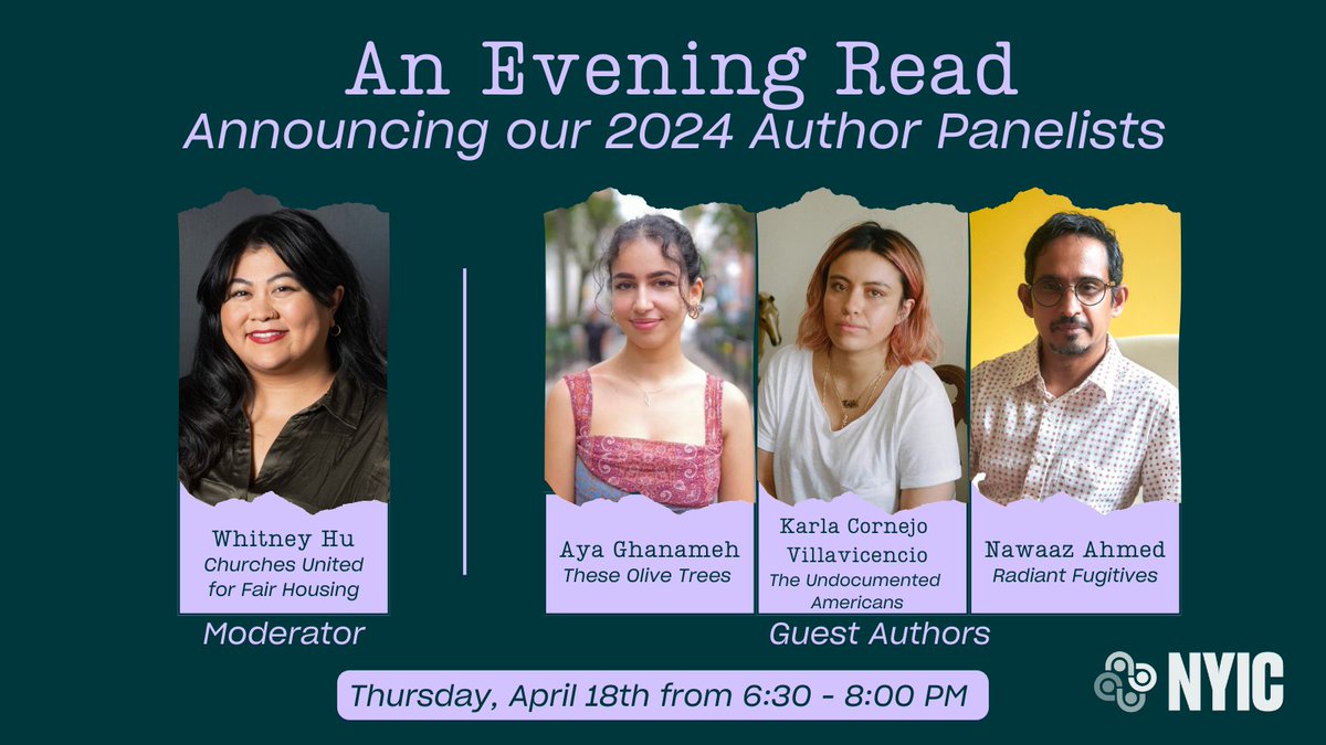 🎉2024 Authors Lineup: This year, we will hear from three incredible authors - Karla Cornejo Villavicencio, Aya Ghanameh, & @nawaazonthenet. Join moderator @whitney_hu to explore how literature can be a powerful tool shaping narratives of immigration. 🔗nyic.me/authors