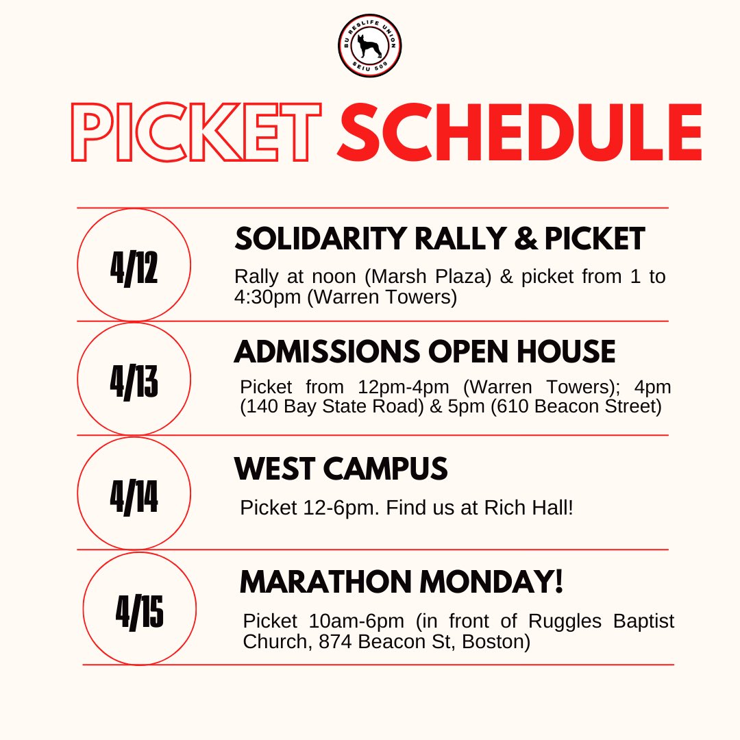 BREAKING: BU ResLife workers are set to strike TOMORROW, April 12! Stand in solidarity with ResLife workers on the picket line for a strong contract. 🪧