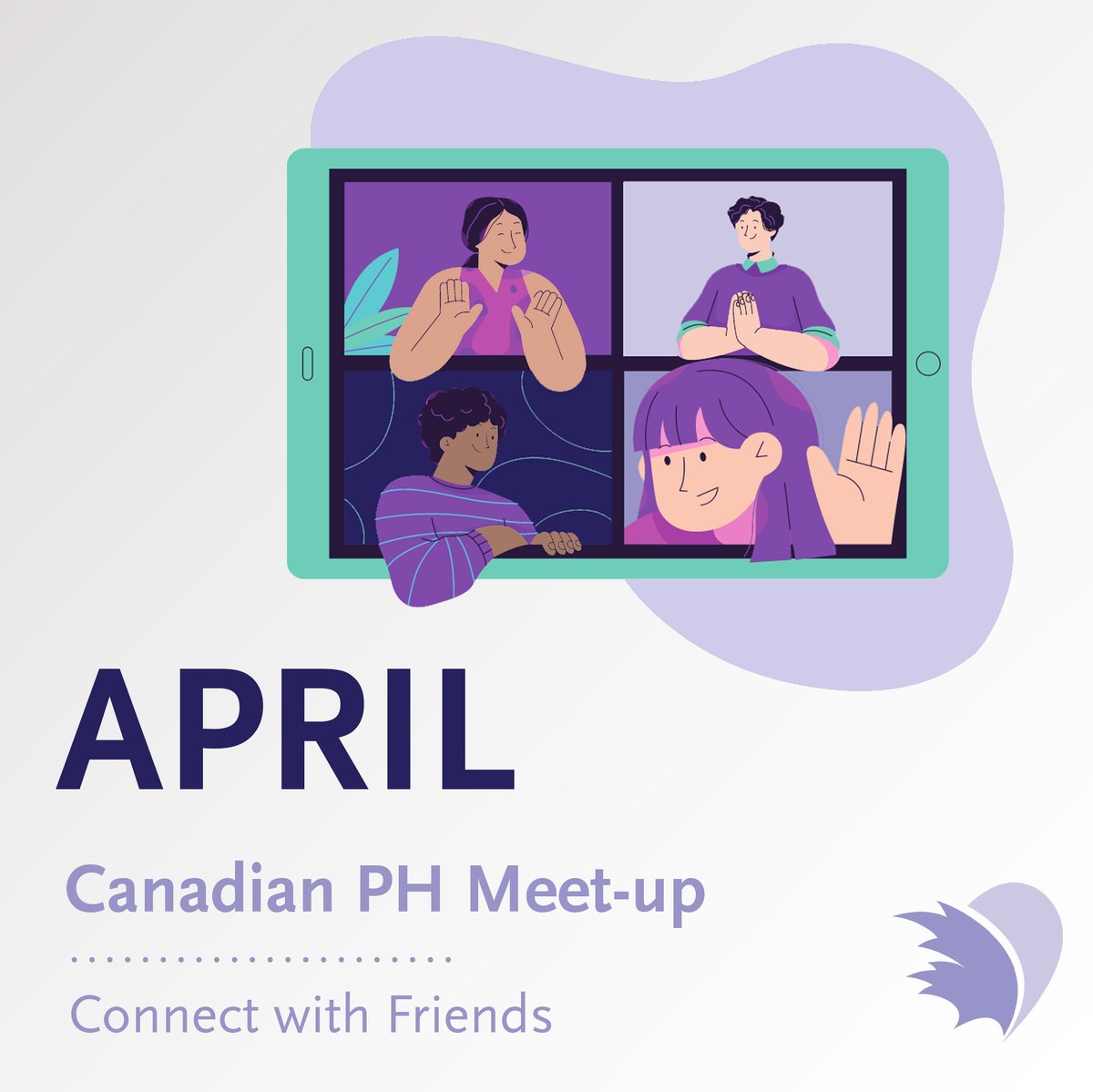 Canadian PH Meet-up 💜 Looking for an opportunity to meet other #PH patients and caregivers from across Canada? Drop-in to one of our #PHMeetUp Zoom lines this month to connect with others and get answers to your questions! Register now at: ow.ly/z04G50RaYHL