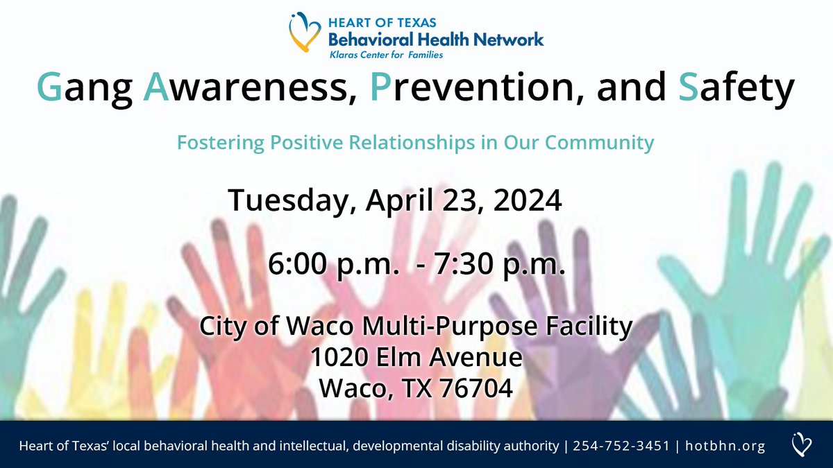 Save the date for HOTBHN Klaras Center for Families' GAPS program quarterly event on April 23, 2024, at the City of Waco multi-purpose facility. Visit hotbhn.org or call 254-752-3451 for more info. #mentalwellnessmonth