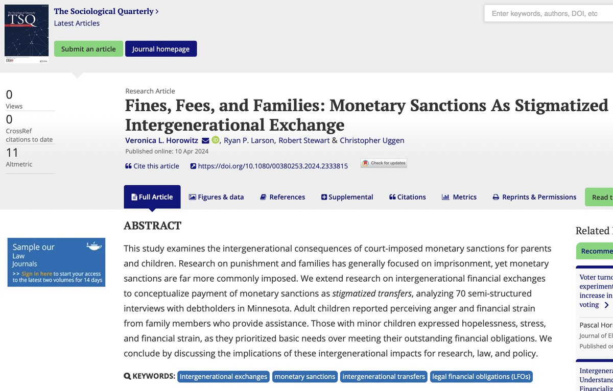 ONLINE FIRST Drawing on 70 interviews, Veronica Horowitz (@Veronica_L_H) and colleagues examine the 'intergenerational consequences of court-imposed monetary sanctions for parents and children.' Read more at bit.ly/3VS0JXx