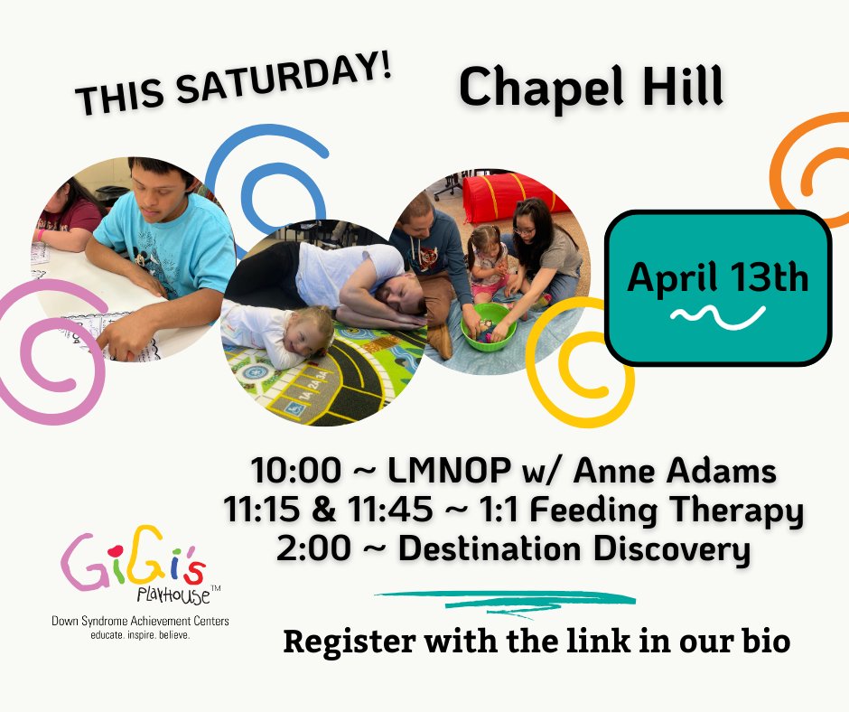 🎉 Join us this Saturday at our Chapel Hill satellite location for an amazing lineup of programs! 🌟 👉 Pick your favorites and register now using the link in our bio! Don't miss out on the fun! 🎉 #GiGisPlayhouse #ChapelHill #ProgramsForAll #InclusionMatters 🌈