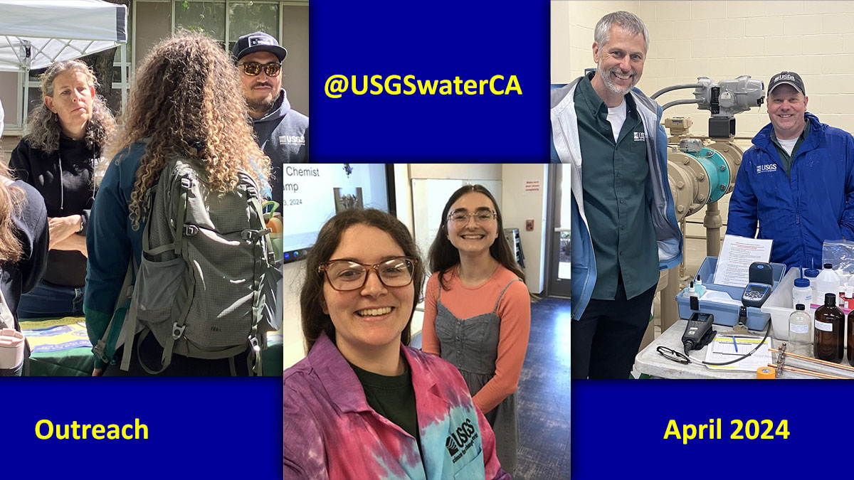 Outreach is afoot this month at <a href="/USGSwaterCA/">California Water | USGS</a>. A soil scientist and hydrologic technician met students at a @UCDavis intern fair. Scientists presented at the <a href="/SMUD_MOSAC/">SMUD MOSAC</a> "Curious Chemists" camp. Water quality hydrologists discussed groundwater at a <a href="/WaterEdFdn/">Water Education Foundation</a> tour. #USGS #stem
