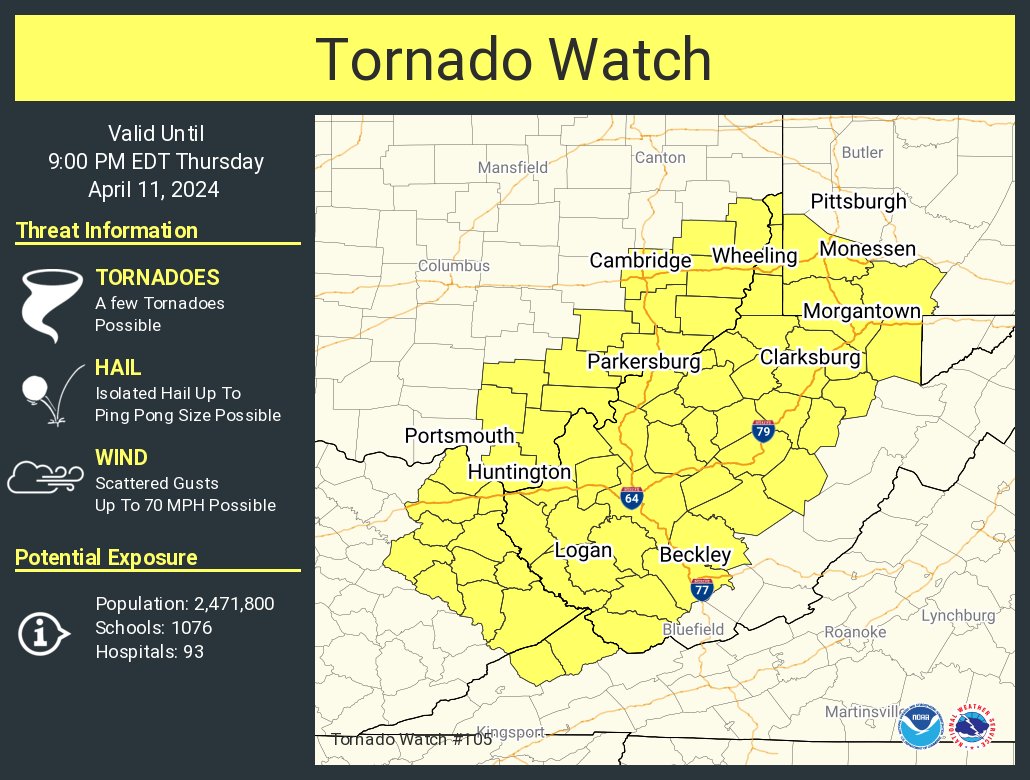 A tornado watch has been issued for parts of Kentucky, Ohio, Pennsylvania, Virginia and West Virginia until 9 PM EDT