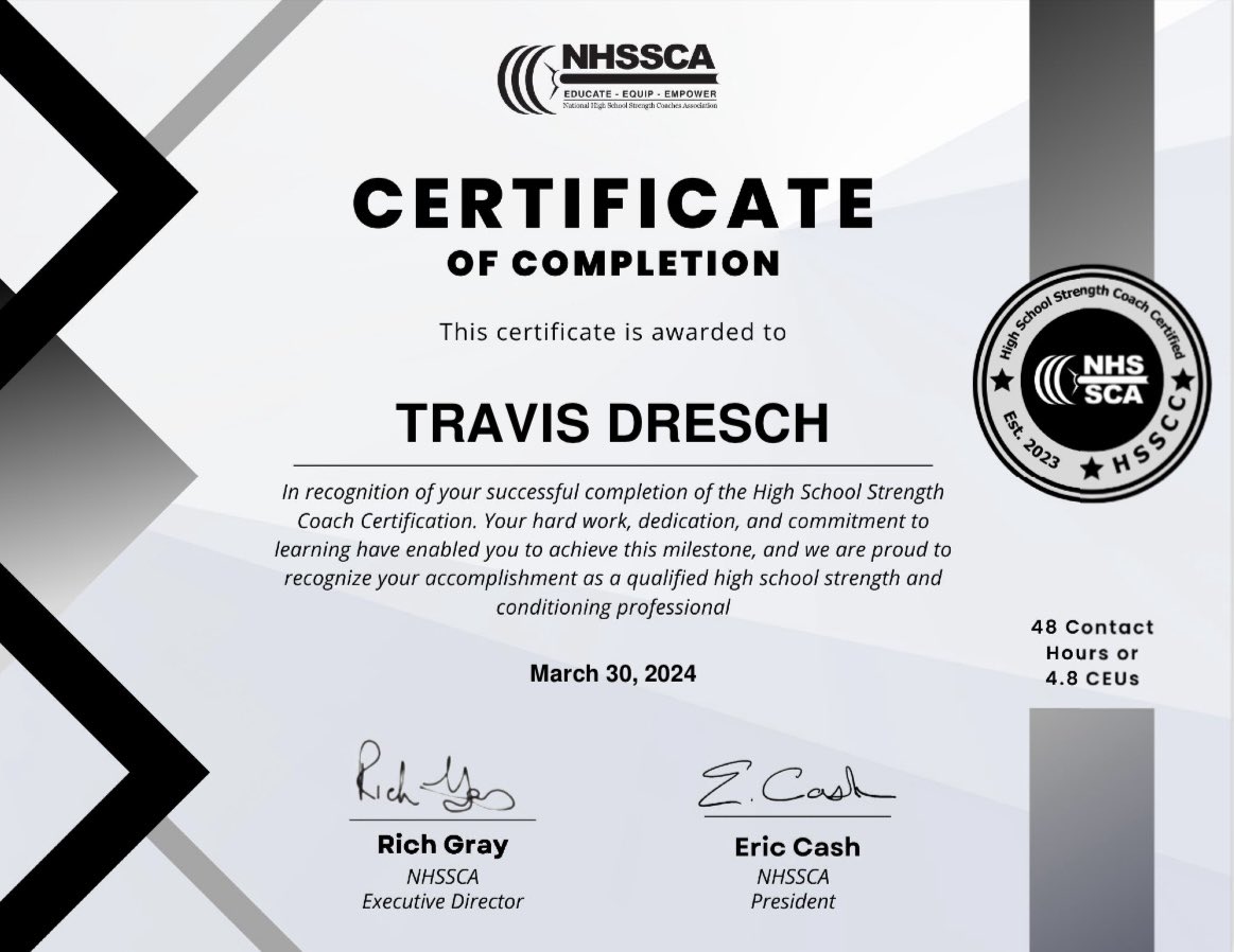 Happy to announce I completed the @NHSSCA High School Strength Coach Certification (HSSCC). Great way to learn and keep up with changes in the training field.  Great for any MS/HS personnel overseeing the weight room! #cedarcreststrong #reachyourpotential #alwayslearning