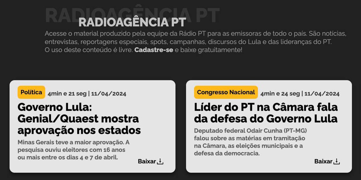 Cadastre-se e baixe gratuitamente o material produzido pela equipe da Rádio PT para as emissoras de todo o país! ➡ radio.pt.org.br/radioagencia