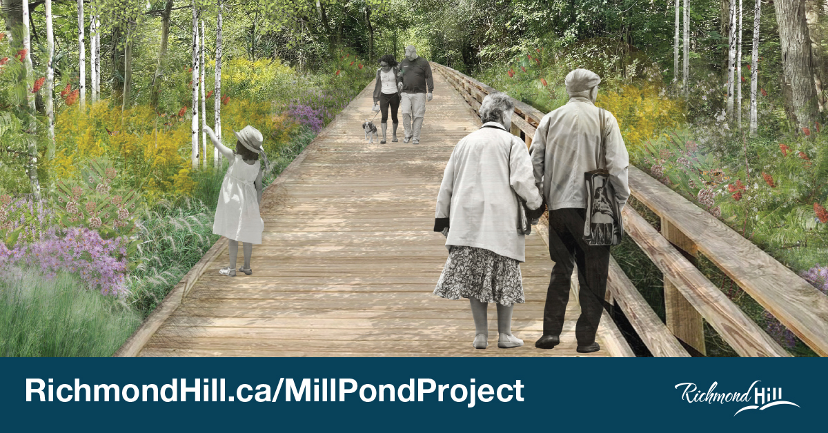 Richmond Hill’s iconic Mill Pond Park will be revitalized with new amenities and connections, including a boardwalk, a new pedestrian bridge, a new trail and more, in the coming years. Learn more at RichmondHill.ca/MillPondProject.