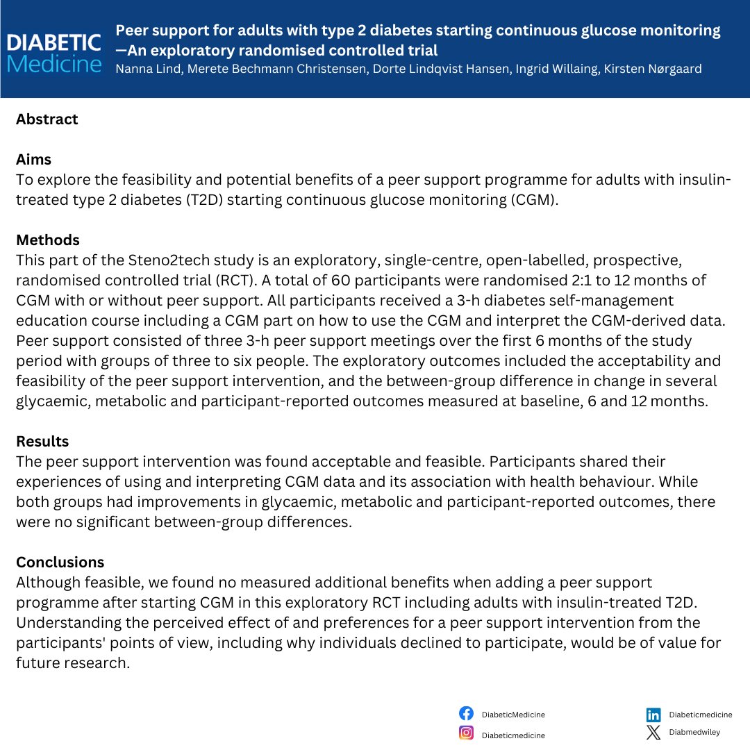 Peer support for adults with type 2 diabetes starting continuous glucose monitoring—An exploratory randomised controlled trial by Nanna Lind et al. 🔗doi.org/10.1111/dme.15… #diabetes #cgm #peersupport #type2diabetes #insulin